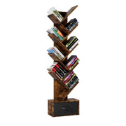 9 Tier Free Standing Tree Bookshelf With Drawer For Home Office, Living Room, Bedroom - Rustic Brown