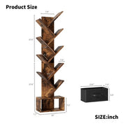 9 Tier Free Standing Tree Bookshelf With Drawer For Home Office, Living Room, Bedroom - Rustic Brown