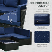 7-Piece Rattan Outdoor Patio Furniture Set With Removable Cushions And Ottoman & Glass Coffee Table - Dark Coffee Blue