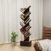 9 Tier Free Standing Tree Bookshelf With Drawer For Home Office, Living Room, Bedroom - Rustic Brown