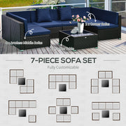 7-Piece Rattan Outdoor Patio Furniture Set With Removable Cushions And Ottoman & Glass Coffee Table - Dark Coffee Blue