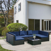 7-Piece Rattan Outdoor Patio Furniture Set With Removable Cushions And Ottoman & Glass Coffee Table - Dark Coffee Blue