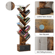9 Tier Free Standing Tree Bookshelf With Drawer For Home Office, Living Room, Bedroom - Rustic Brown