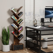 9 Tier Free Standing Tree Bookshelf With Drawer For Home Office, Living Room, Bedroom - Rustic Brown