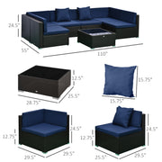 7-Piece Rattan Outdoor Patio Furniture Set With Removable Cushions And Ottoman & Glass Coffee Table - Dark Coffee Blue