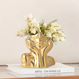Gold Ceramic Human Face Vase Shy Posture Decorative Human-Shaped Vase