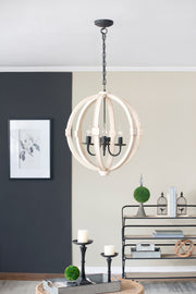 6 Light Wood Chandelier With Adjustable Chain For Kitchen, Dining Hall Entrance (Bulbs Not Included)