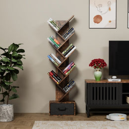 9 Tier Free Standing Tree Bookshelf With Drawer For Home Office, Living Room, Bedroom - Rustic Brown
