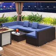 7-Piece Rattan Outdoor Patio Furniture Set With Removable Cushions And Ottoman & Glass Coffee Table - Dark Coffee Blue